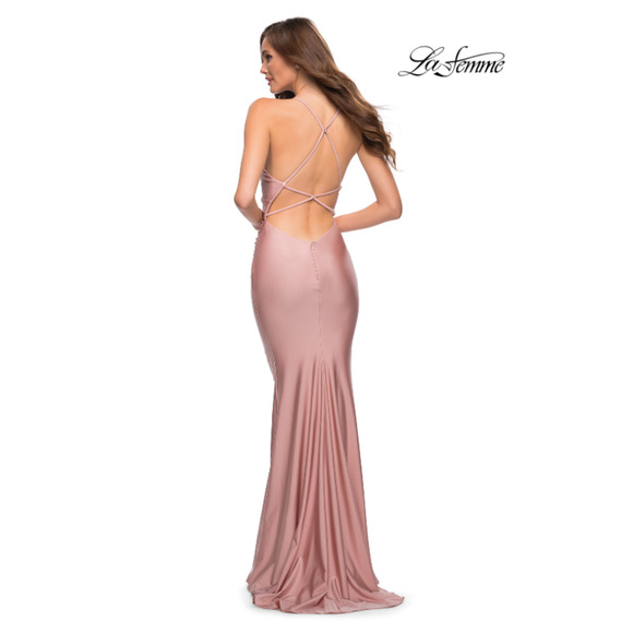 LA FEMME 29848 Jersey Long Gown 2 Pink Mauve Faux Wrap V Neck Prom Dress NWT - Picture 3 of 16